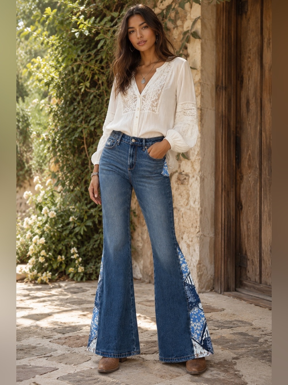 Driftwood Farrah Flare Jeans Patchwork Boho Western Rodeo Denim 27 x 34